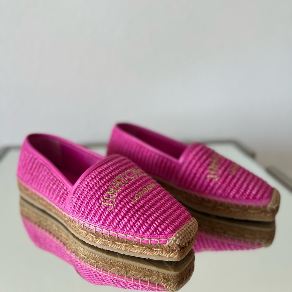 New JIMMY CHOO Brie Flat logo raffia espadrilles $595 37 - Picture 7 of 12